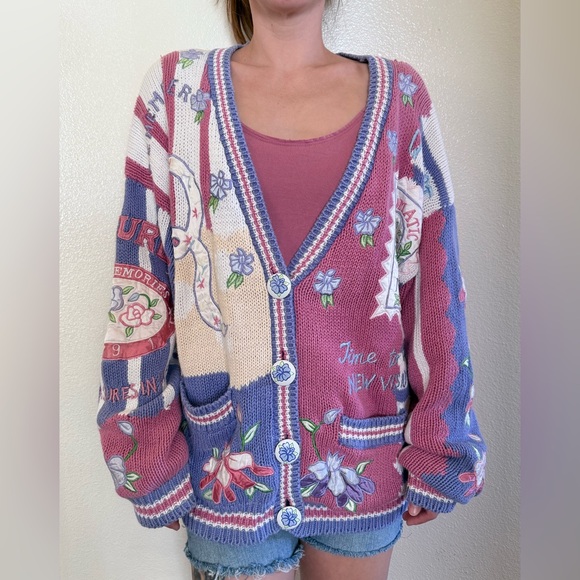 Vintage Absolutely No! Jeans Cardigan Embroidered Heavy Knit Sweater 80s 90s - Picture 3 of 13